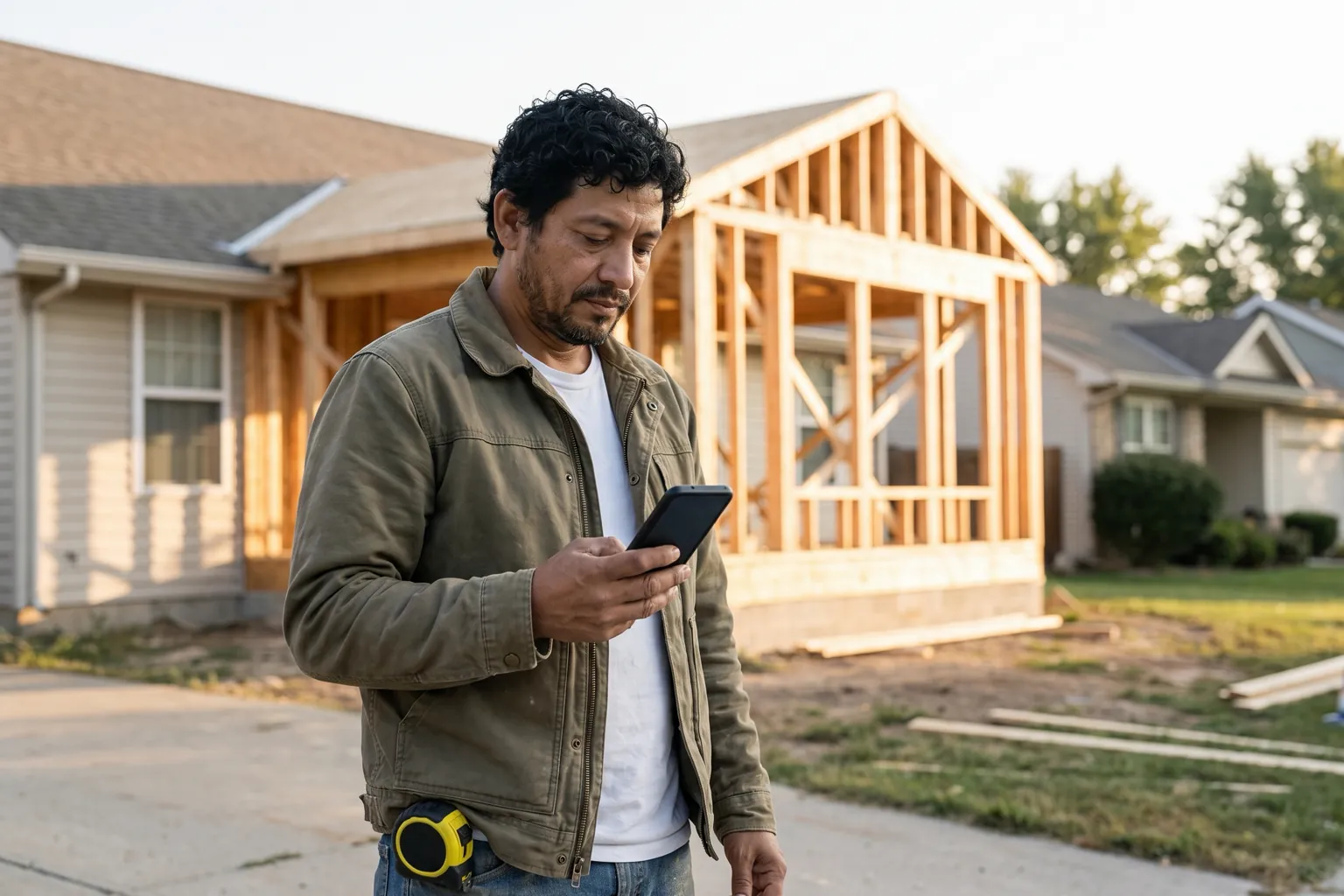 Illustration: a contractor in an olive canvas work jacket checks his phone in front of a framed home addition on a residential street.