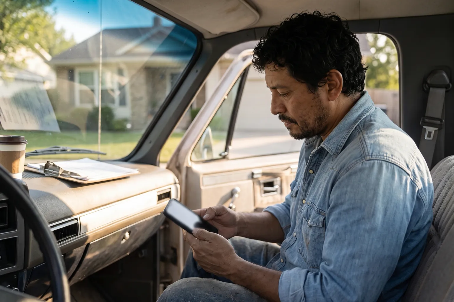 Illustration: a contractor in a rolled-sleeve denim work shirt reviews a quote on his phone from the driver's seat of his pickup.