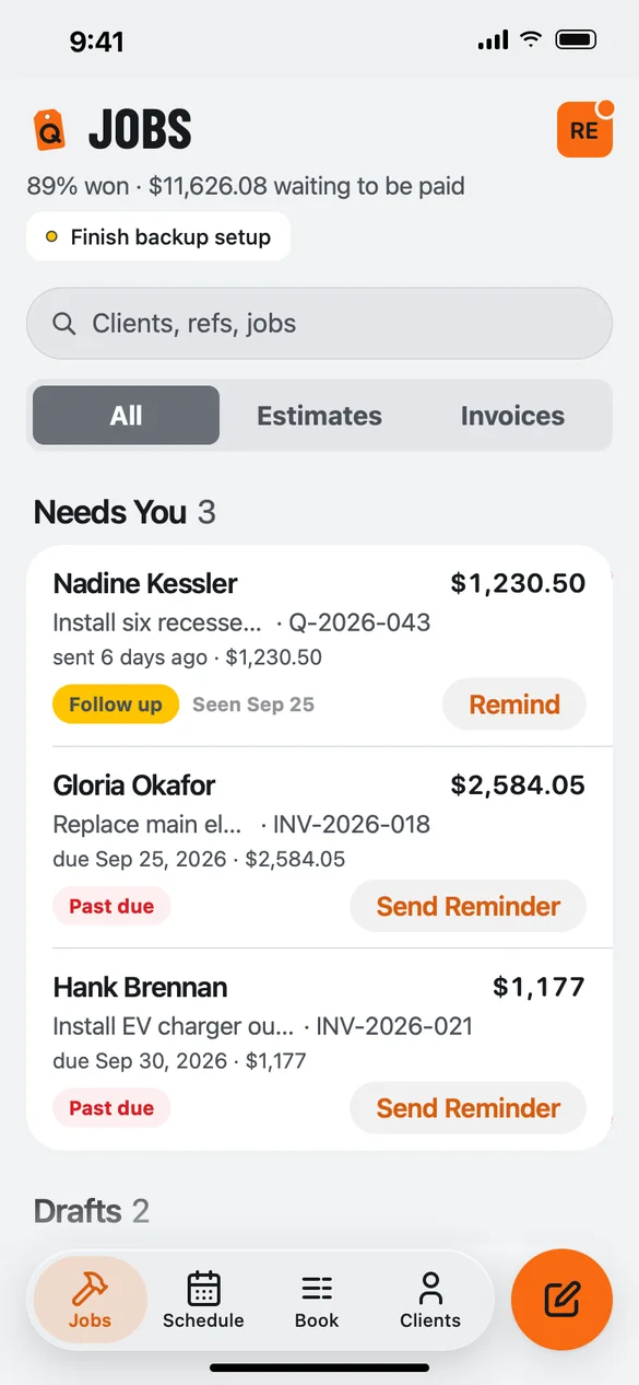 QuoteIron Jobs screen on iPhone showing 89% won and a Needs You list of estimates to follow up and past-due invoices with Remind buttons
