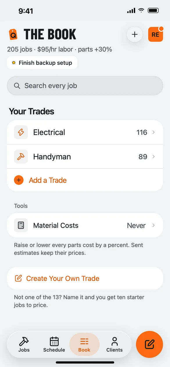 QuoteIron Book screen on iPhone listing jobs priced at $95 an hour labor and 30 percent parts markup, with Electrical and Handyman trades