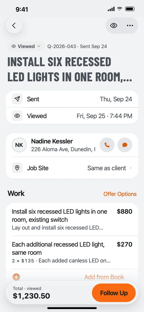 QuoteIron estimate on iPhone for a recessed-lighting job, with a client card and priced lines from the book