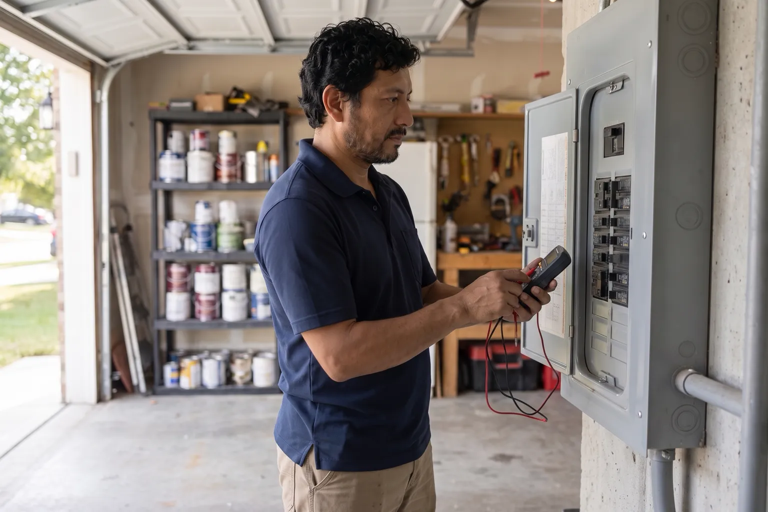 Illustration: a contractor in a navy work polo stands upright in a customer's garage, holding a multimeter beside an open electrical panel.