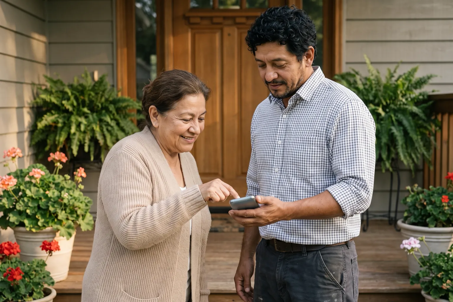 Illustration: a contractor in a pressed check shirt holds his phone while a smiling homeowner signs on its screen with her finger.