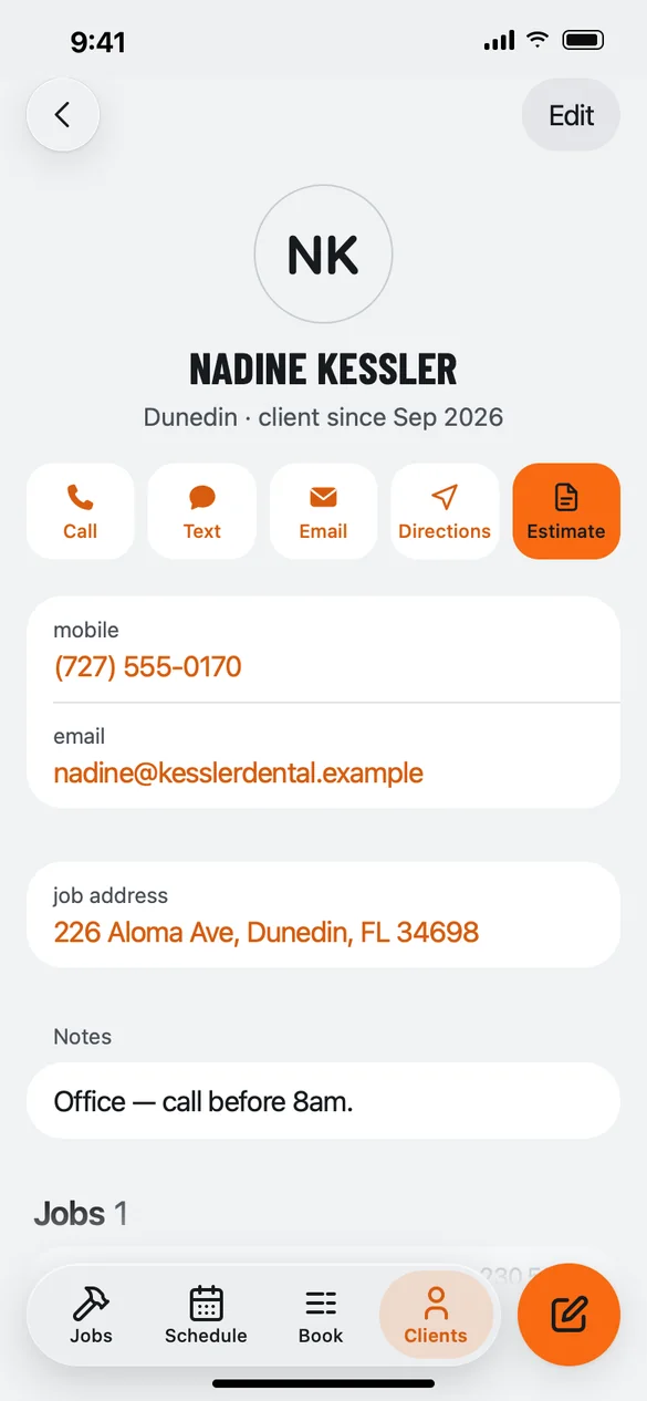 QuoteIron client card on iPhone for a sample customer showing call, text, email and directions buttons, the amount owed, phone, email, job address and notes