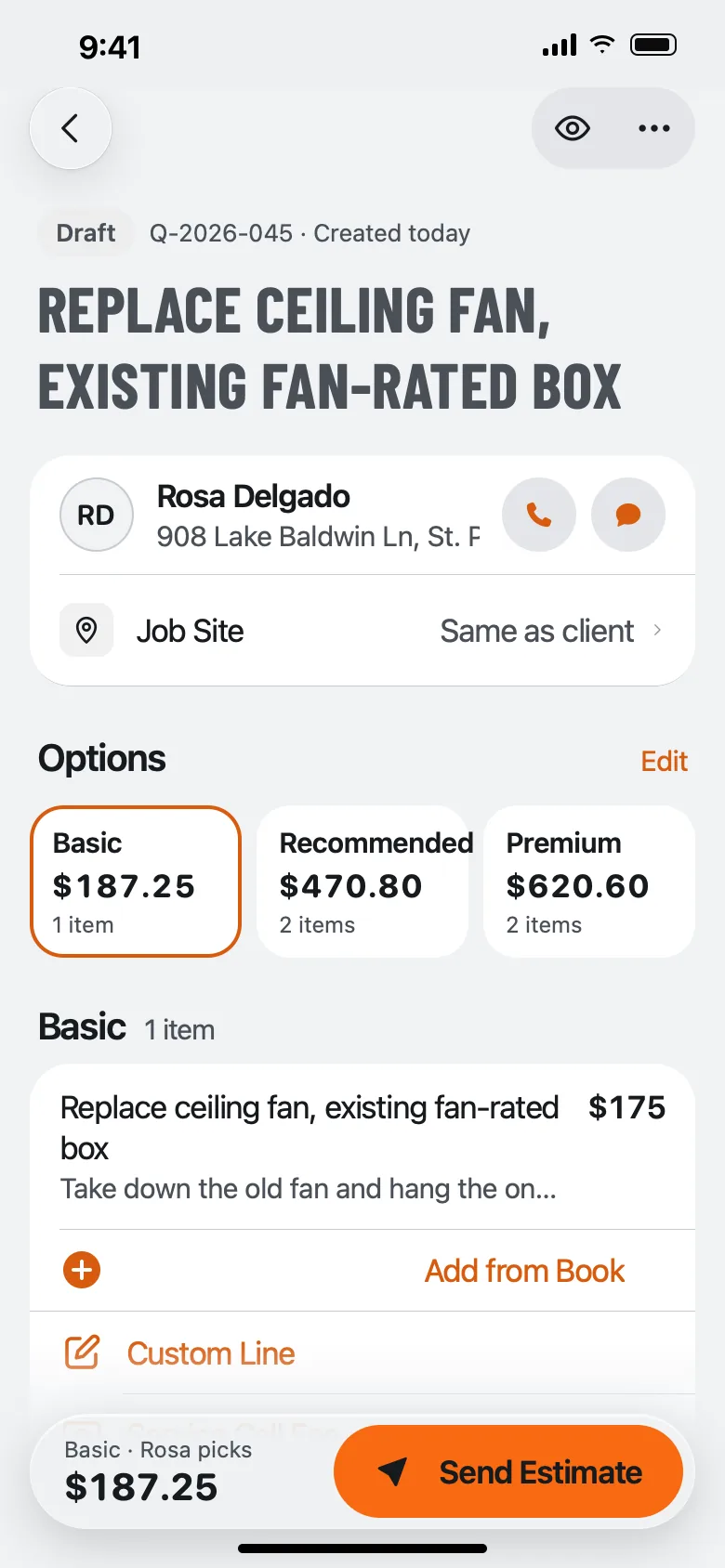 The QuoteIron app with Offer Options on: Basic, Recommended and Premium option cards above the Basic option's line items.