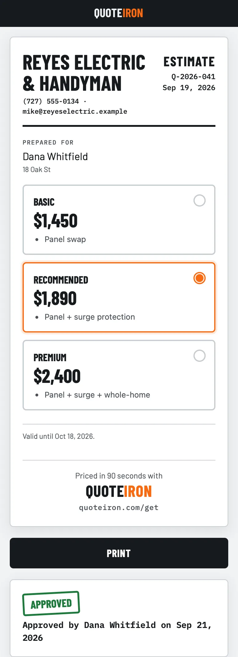 The customer's estimate page with three options, Basic $1,450, Recommended $1,890 and Premium $2,400. Recommended is selected, and a green APPROVED stamp shows the approval by name and date.