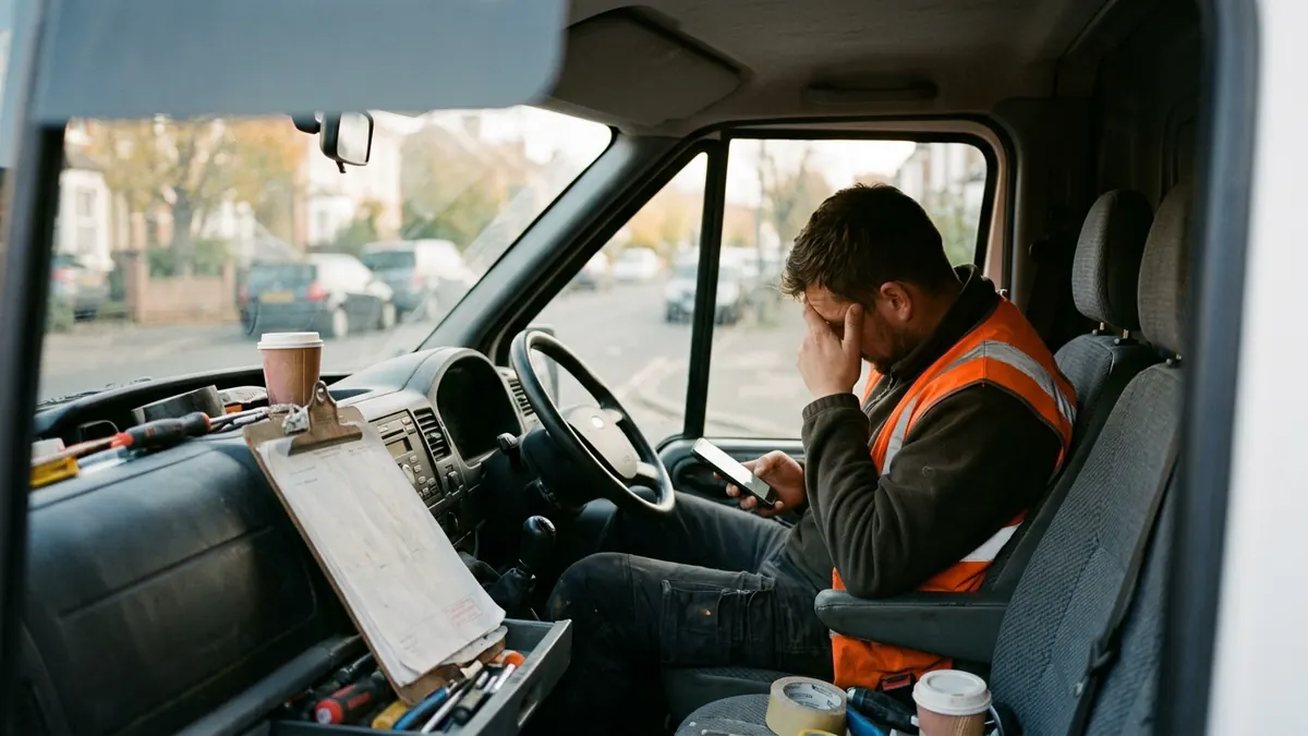 Tradesman in a work van looking down at his phone with a tired expression, face turned mostly away