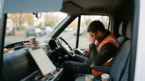 Tradesman in a work van looking down at his phone with a tired expression, face turned mostly away