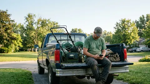 Tradesman sitting on a truck tailgate scrolling a phone beside a lawn mower, face partly hidden by a cap