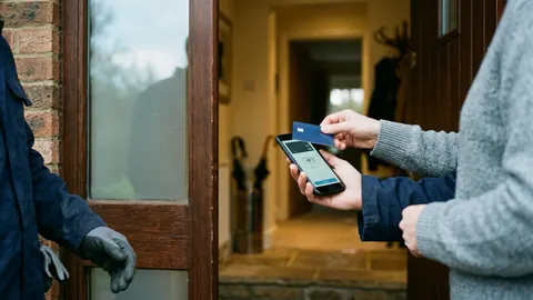 Contractor holding a smartphone out so a customer can tap a card on it at a front door