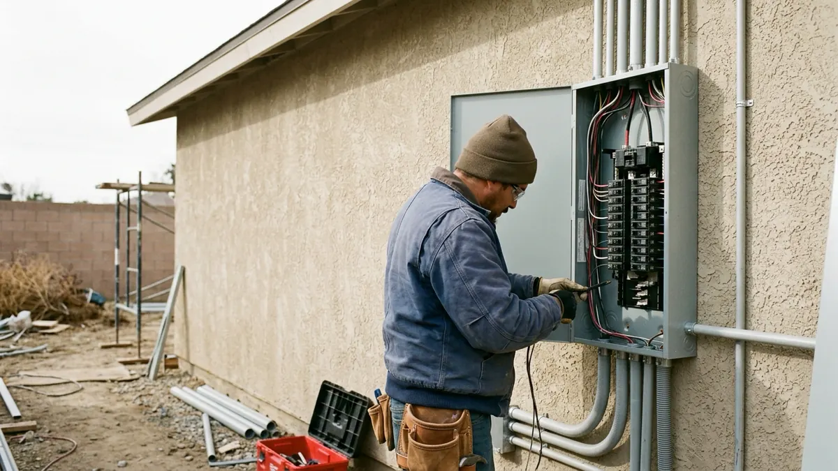 Electrician in safety glasses working on a new 200-amp electrical service panel mounted on an exterior stucco wall with neat conduit