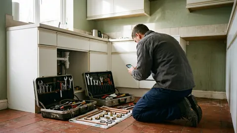 Plumber holding a smartphone beside an open toolbox on a kitchen floor with pipes and fittings laid out