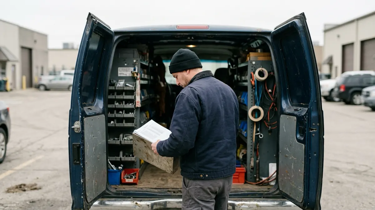 Solo tradesman standing at the open back doors of a work van reviewing a printed price list on a clipboard, with parts bins on shelves behind him