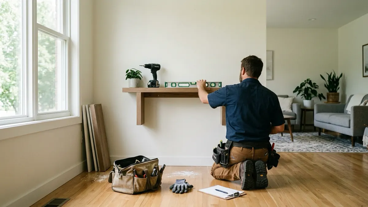 Handyman seen from behind kneeling in a bright living room, checking a wooden wall shelf with a level, with a cordless drill on the shelf, an open canvas tool bag, work gloves and a clipboard on the floor