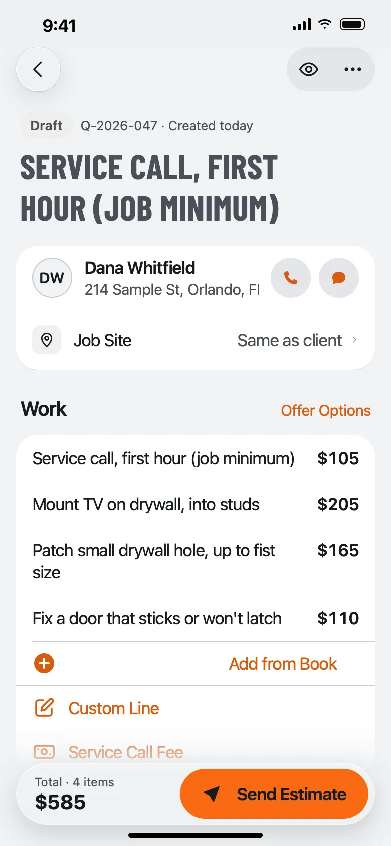 QuoteIron app quote screen for a handyman visit: service call first hour $105, mount TV on drywall $205, patch small drywall hole $165, fix a door that sticks $110, total $585