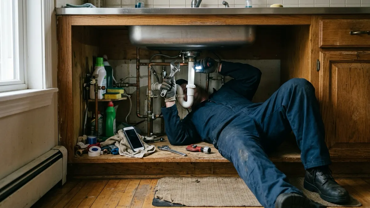 Plumber lying partly under a kitchen sink with a flashlight and a phone propped on the cabinet floor beside him