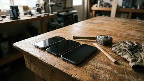 Three smartphones with dark screens lying side by side on a worn wooden workbench next to a tape measure and work gloves