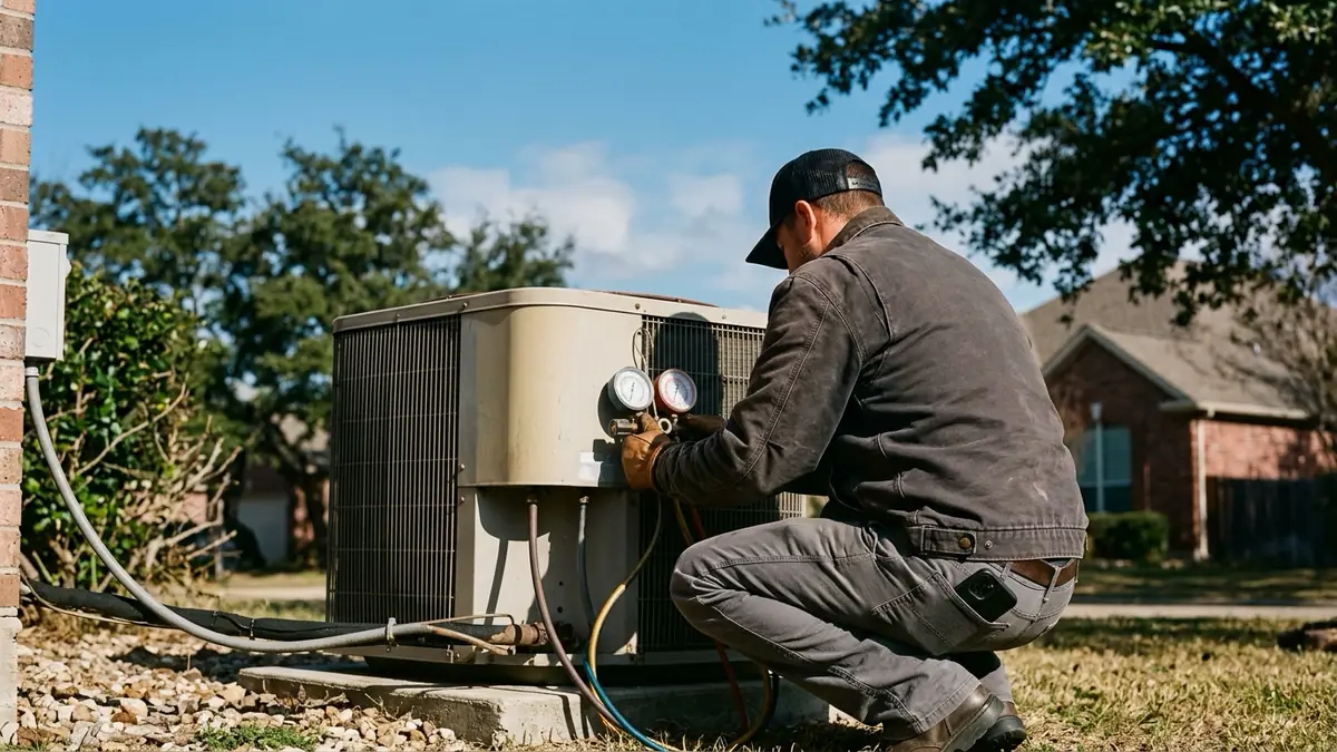 HVAC technician crouched at an outdoor air-conditioning condenser unit with gauges attached, seen from behind in bright sunlight
