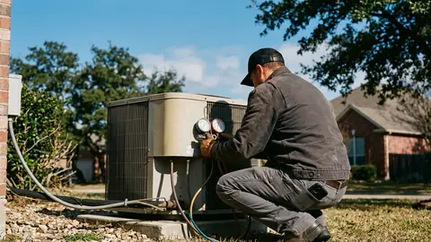 HVAC technician crouched at an outdoor air-conditioning condenser unit with gauges attached, seen from behind in bright sunlight