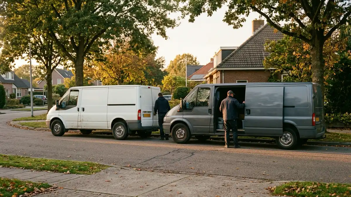 Two plain work vans parked side by side on a suburban street at golden hour, no logos or lettering