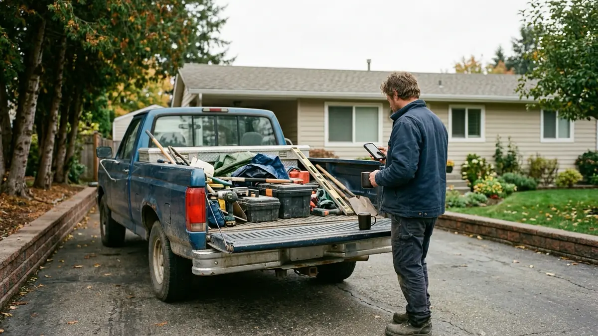 Handyman standing by a pickup truck in a driveway holding a phone and a coffee, tools in the truck bed