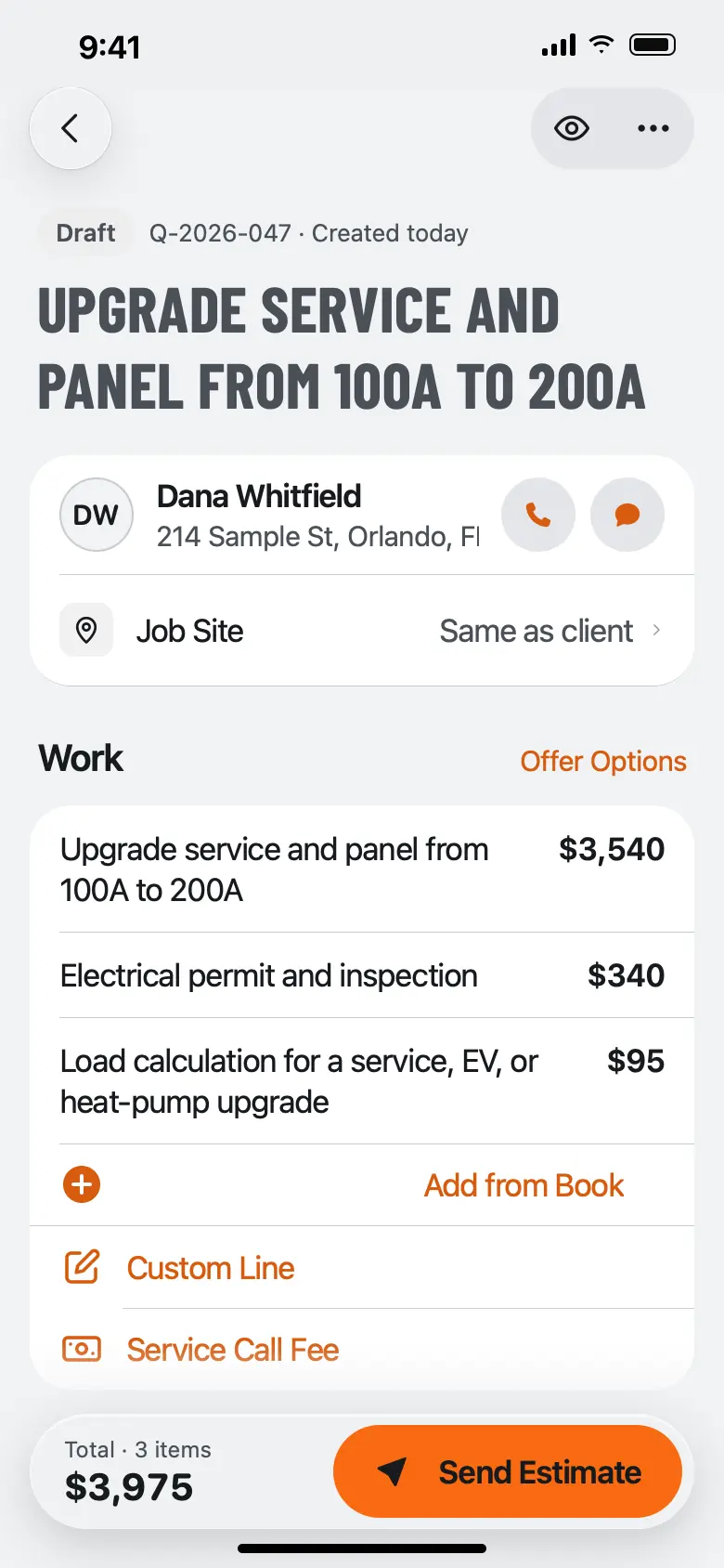QuoteIron app quote screen for a 100A to 200A service and panel upgrade: $3,540, electrical permit $340, load calculation $95, total $3,975