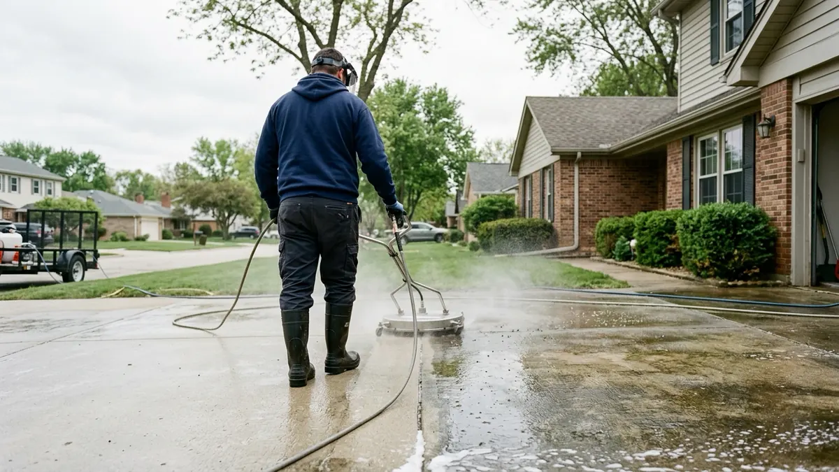Pressure washing technician seen from behind using a flat surface cleaner on a concrete driveway, the cleaned half bright and the uncleaned half dark, with a suburban house in the background