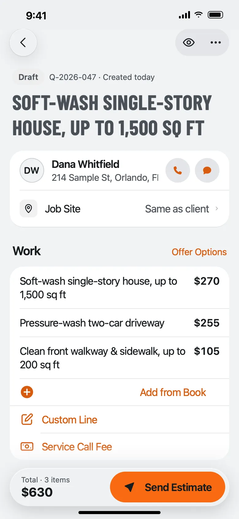 QuoteIron app quote screen for a pressure washing visit: soft-wash single-story house $270, pressure-wash two-car driveway $255, clean front walkway $105, total $630