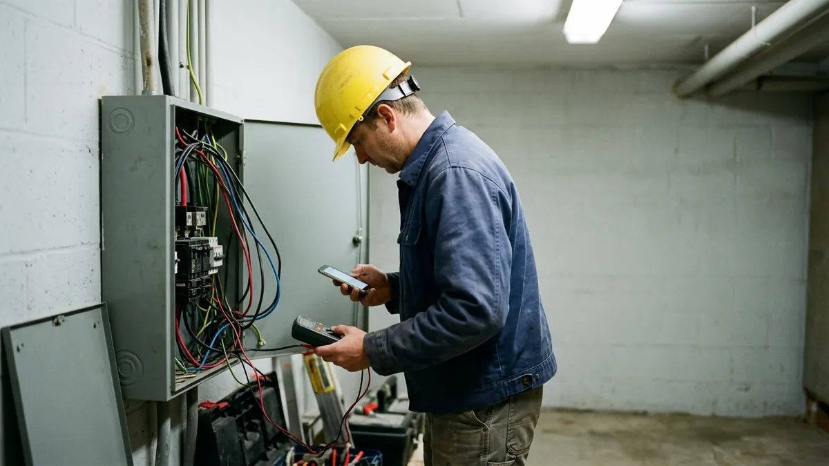 Electrician in a hard hat working at an open electrical panel while holding a phone in his other hand