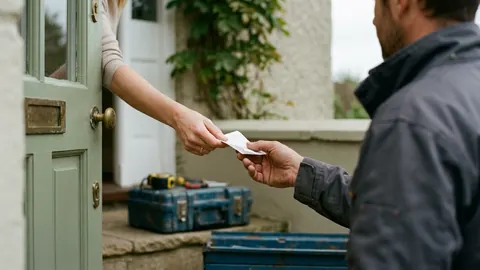 A customer’s hand passing a paper receipt to a tradesman’s hand at a front door, with a toolbox on the porch