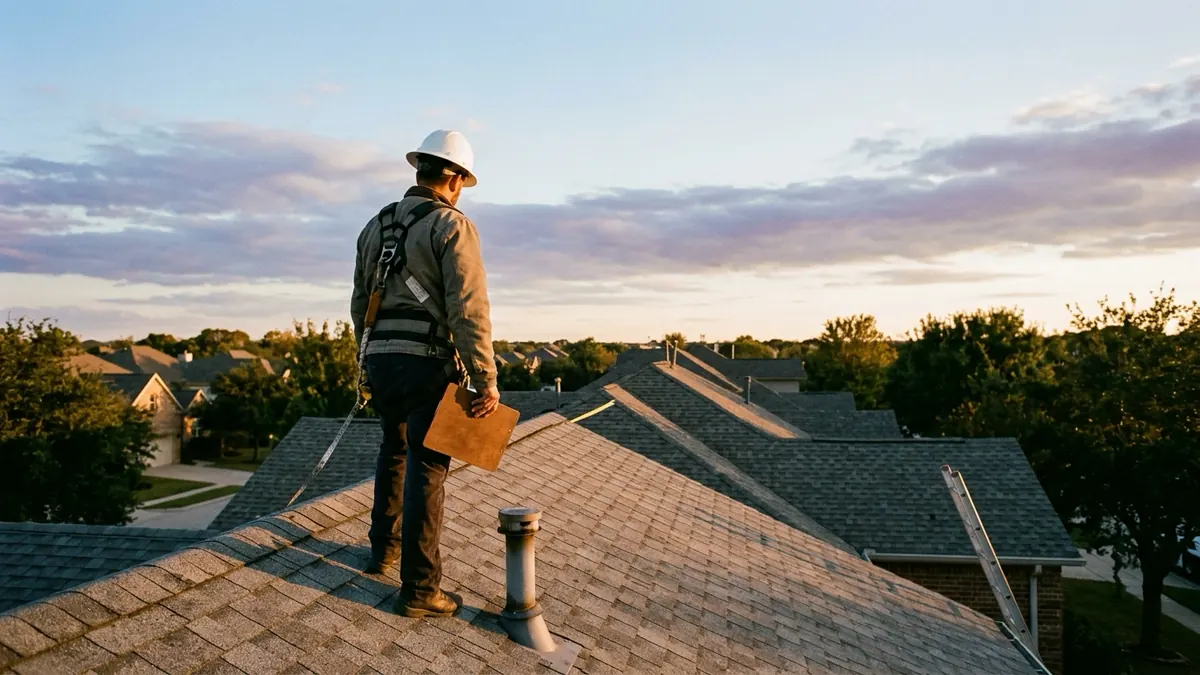 Roofer in a hard hat and safety harness seen from behind, standing on an asphalt shingle roof at sunset holding a clipboard, with a pipe vent in the foreground and neighboring rooftops beyond