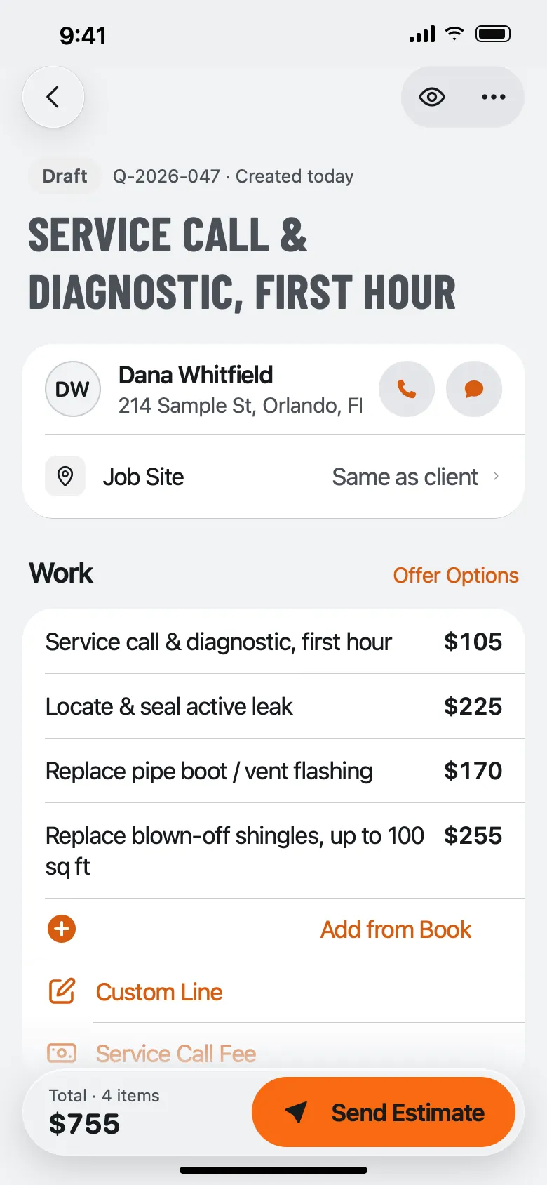 QuoteIron app estimate screen for a roof repair visit: service call first hour $105, locate and seal active leak $225, replace pipe boot $170, replace blown-off shingles $255, total $755