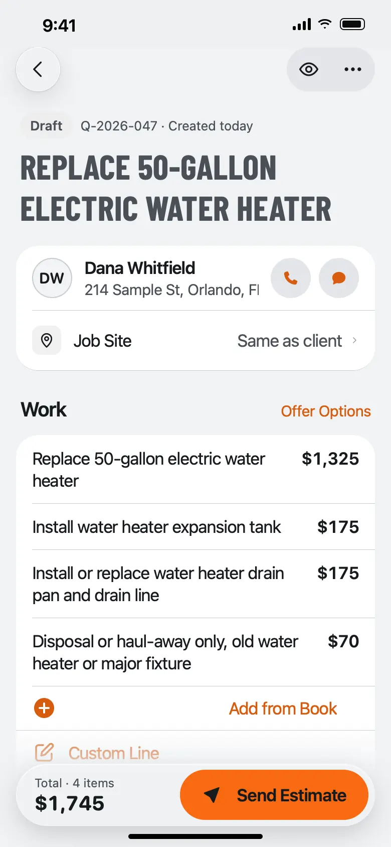 QuoteIron app quote screen for a 50-gallon electric water heater replacement: $1,325, expansion tank $175, drain pan and drain line $175, haul-away $70, total $1,745