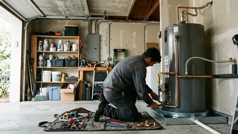 Plumber kneeling beside a newly installed 50-gallon tank water heater in a garage utility closet, with copper supply lines connected and tools on a canvas mat