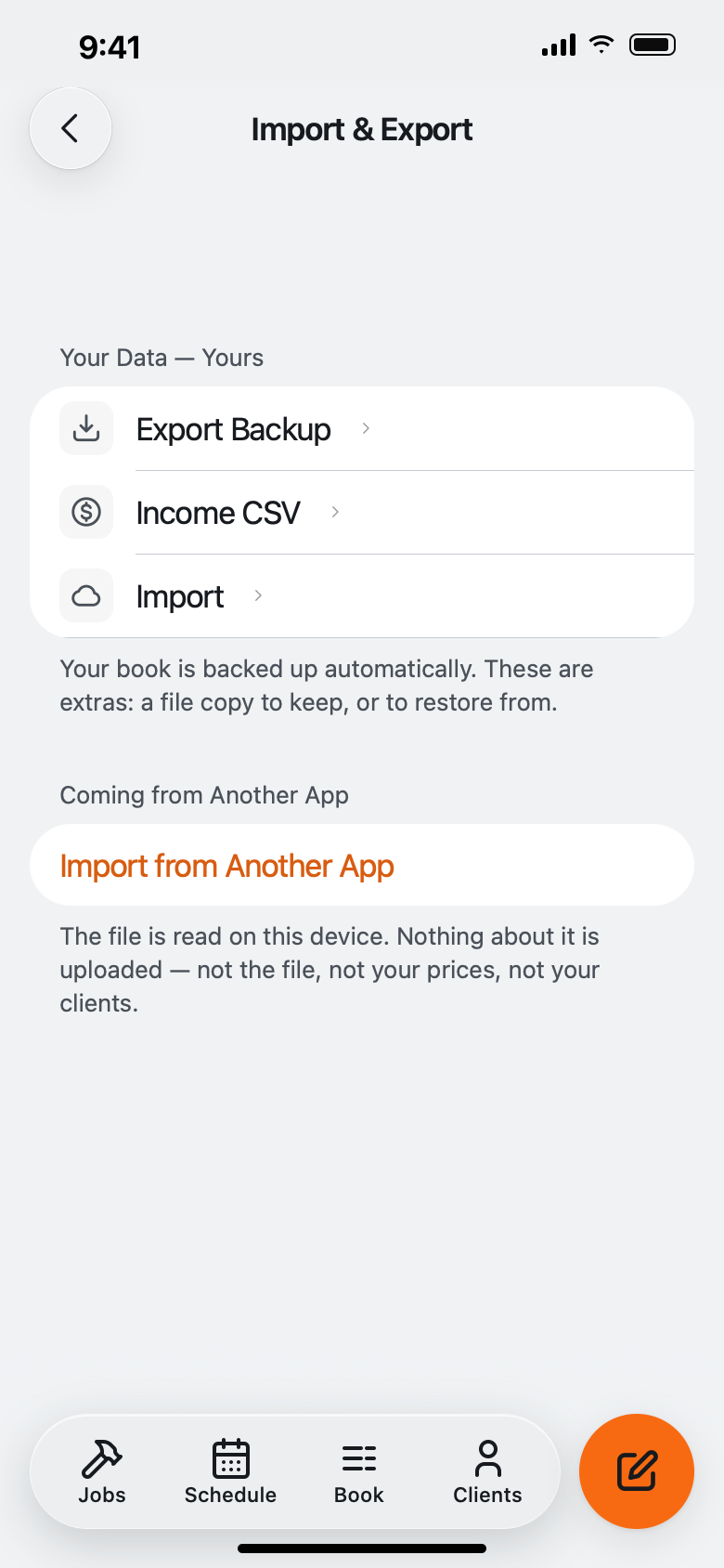 Settings, Import & Export: Export Backup, Income CSV and Import under Your Data, and Import from Another App under Coming from Another App.