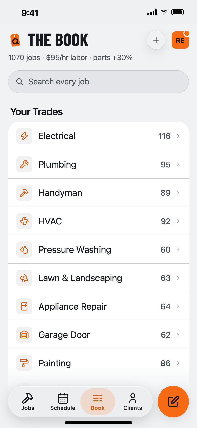 The Book tab: 1050+ jobs at $95 an hour, with the Your Trades list — Electrical 116, Plumbing 95, Handyman 89, HVAC 92, Pressure Washing 60 and more.