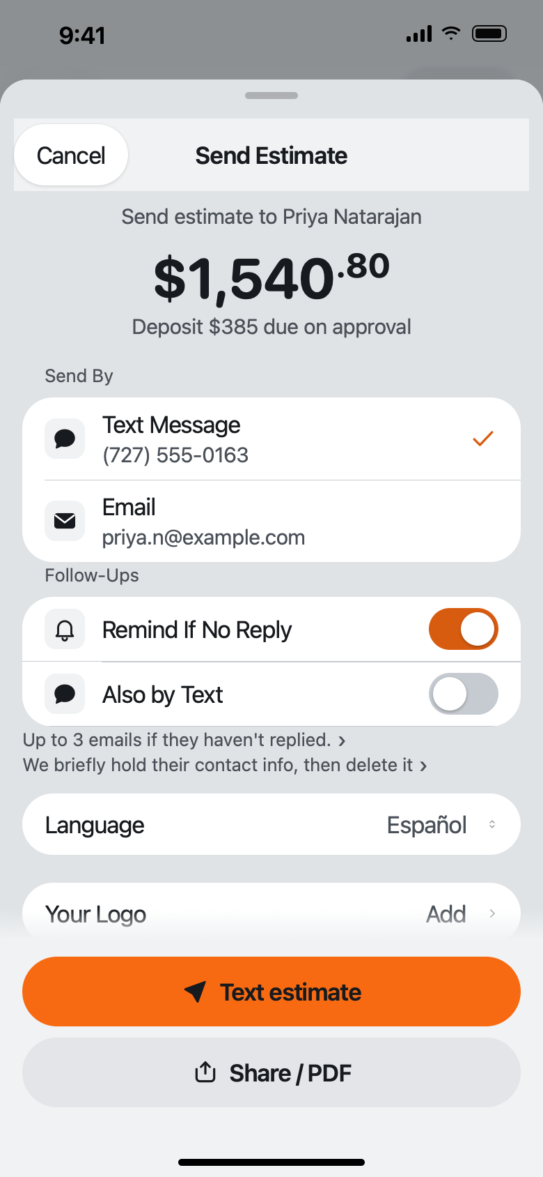 The Send Estimate sheet for Priya Natarajan: Send By Text Message or Email, Follow-Ups with Remind If No Reply, and Language set to Español.