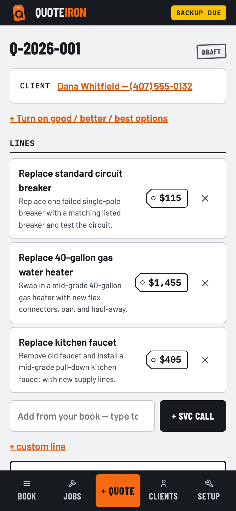 A draft quote for Dana Whitfield with three tapped jobs — circuit breaker, water heater, kitchen faucet — each priced.