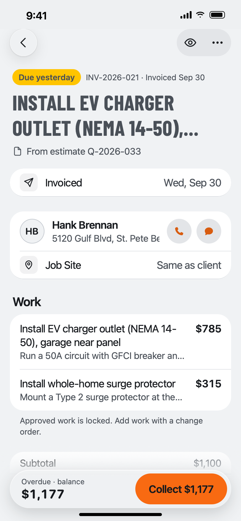 An invoice for Hank Brennan, due yesterday: EV charger outlet $785 and surge protector $315, with a Collect $1,177 button at the bottom.