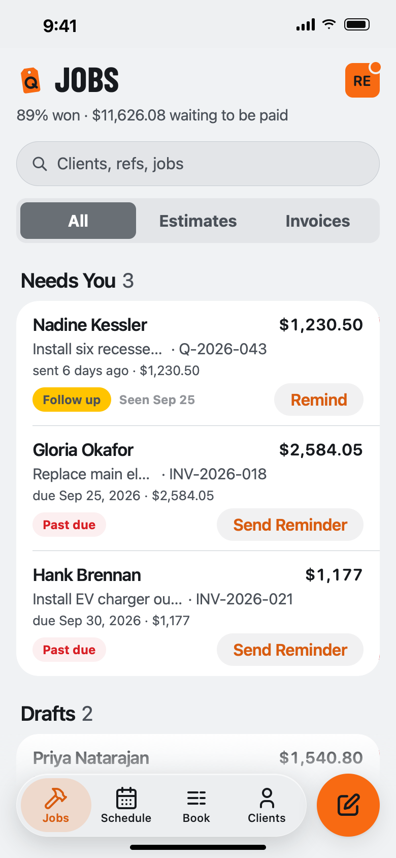 The Jobs tab: Needs You 3 — an estimate with a Remind button and two past-due invoices with Send Reminder buttons.