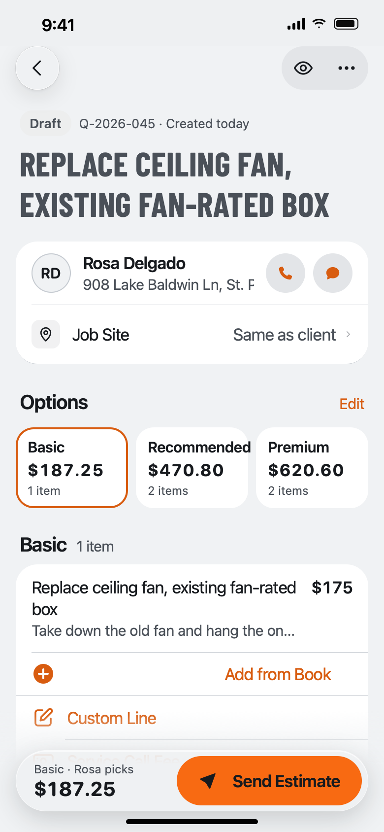 An estimate with Offer Options turned on: Basic $187.25, Recommended $470.80 and Premium $620.60 cards above the Basic option's line items.