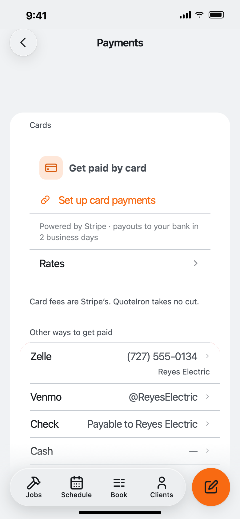 Settings, Payments: Get paid by card with a Set up card payments button, then Other ways to get paid — Zelle, Venmo, Check and Cash — and + Add payment method.