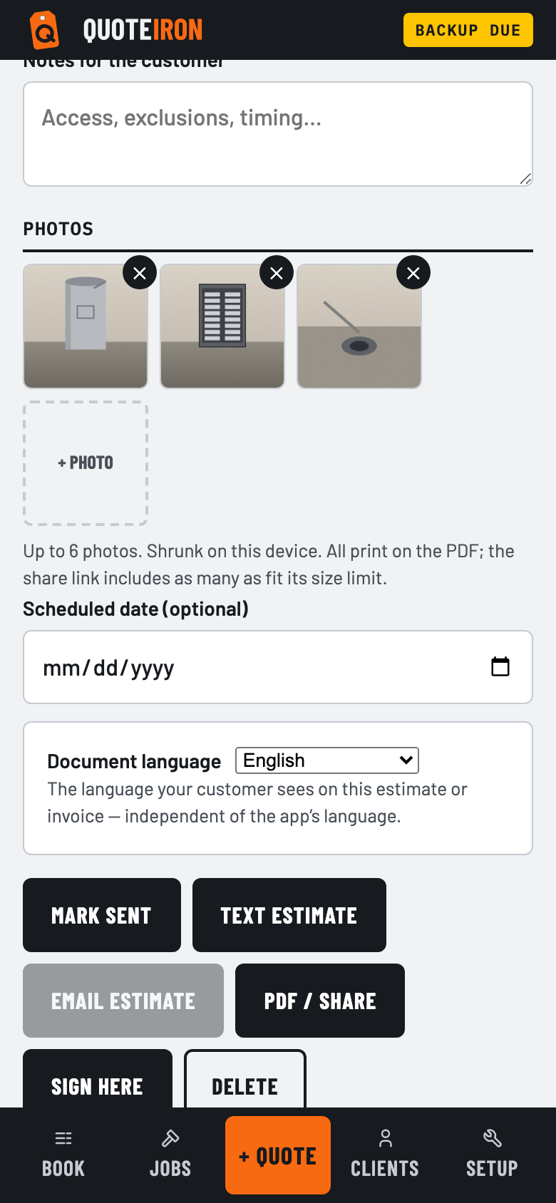 The PHOTOS section of a quote with three job photos attached — a water heater, an electrical panel, and a floor drain.
