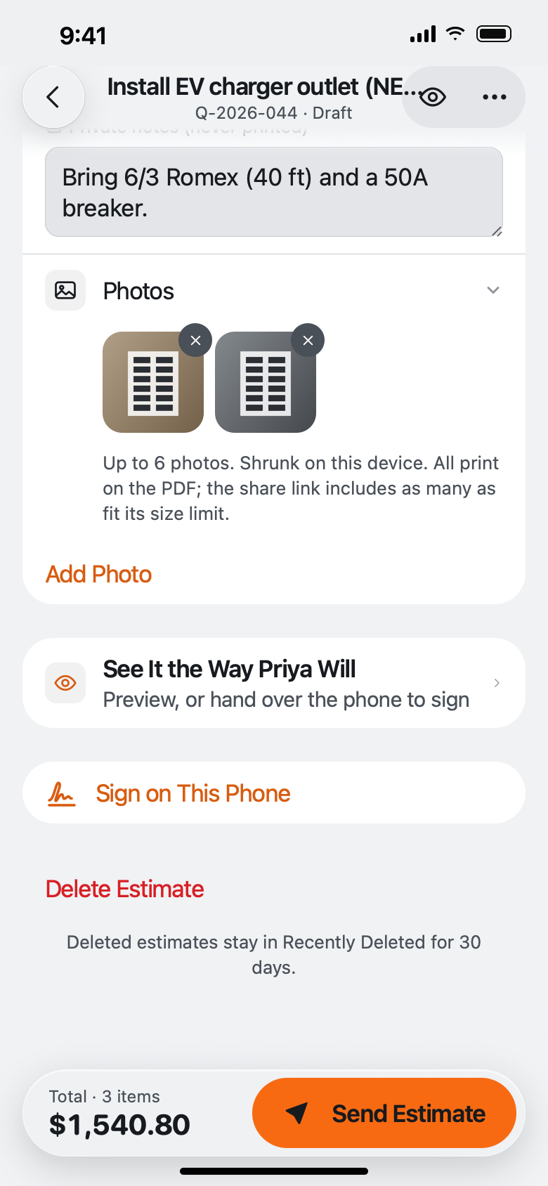 The Photos section of an estimate with two photos, the Up to 6 photos note and an Add Photo link, above Sign on This Phone.