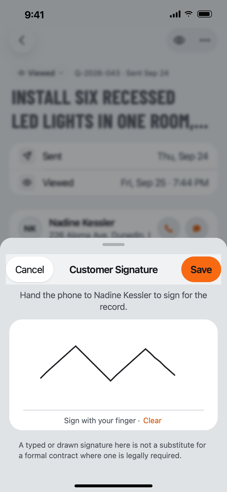 The Customer Signature sheet: Hand the phone to Nadine Kessler to sign, a signature pad reading Sign with your finger, and Cancel and Save buttons.