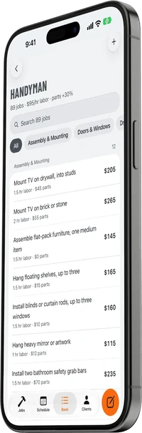 The QuoteIron Book tab on a phone, set up for a handyman business: 89 handyman jobs at $95 an hour labor and parts plus 30 percent, listing Mount TV on drywall $205, Mount TV on brick or stone $265, Assemble flat-pack furniture $145 and Hang floating shelves $165, each with its labor hours and parts cost.