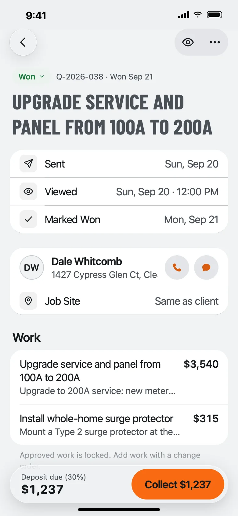 The same estimate in the QuoteIron app marked Won, with the Sent, Viewed and Marked Won timeline, the client card, the work lines and a Collect $1,237 deposit button.