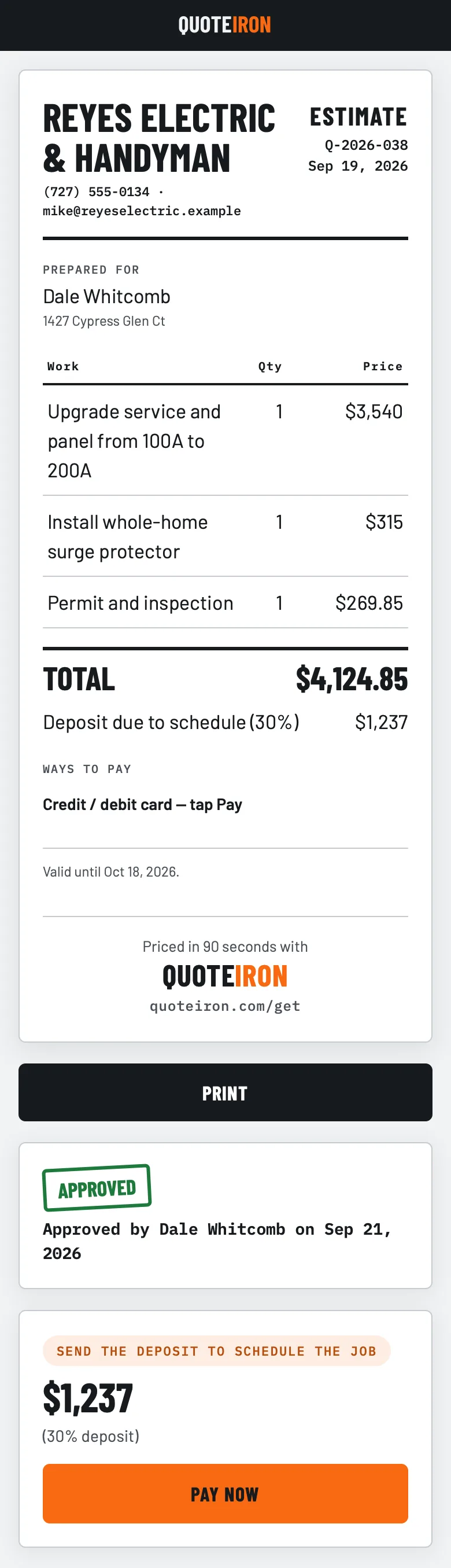The estimate page your customer opens from the link: Reyes Electric and Handyman, estimate Q-2026-038 for Dale Whitcomb, a panel upgrade at $3,540, a surge protector at $315 and a permit at $269.85, total $4,124.85, a Pay by card option, a green APPROVED stamp with the date, and a $1,237 deposit (30%) with an orange PAY NOW button.