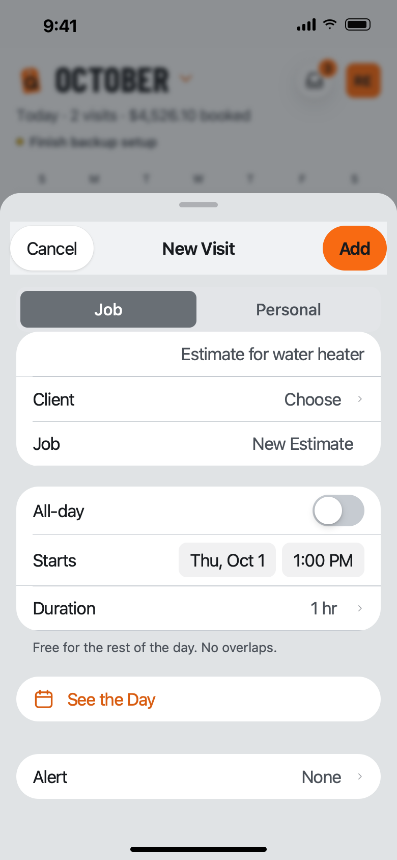 The QuoteIron New Visit sheet, choosing between Job and Personal, with Client, Job, All-day, start time and duration rows underneath.
