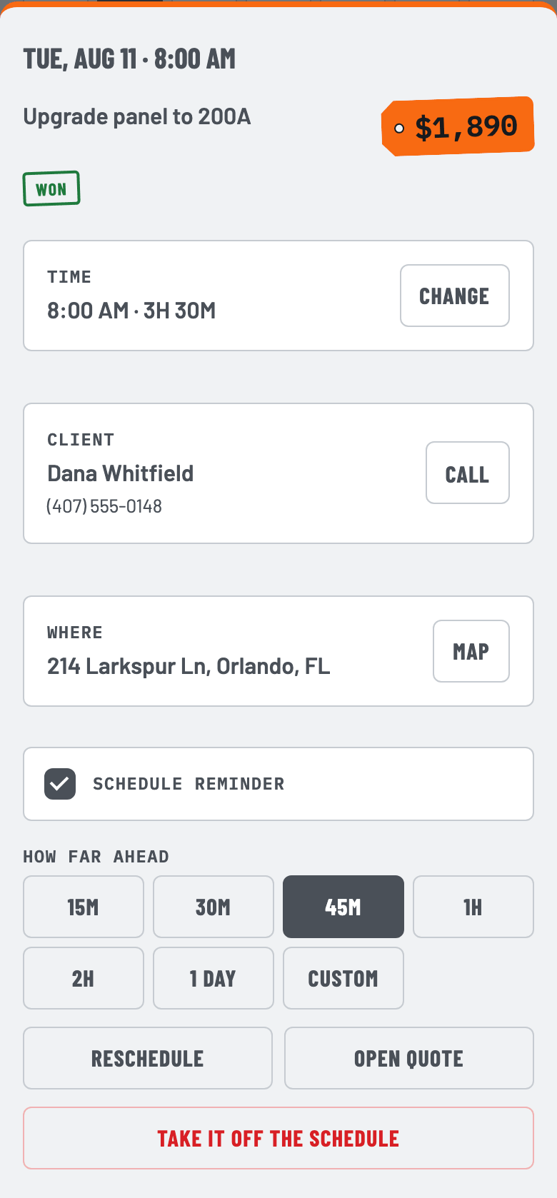 A scheduled job's detail sheet showing the time, the customer's phone number with a Call button, the address with a Map button, and a reminder set 45 minutes ahead.